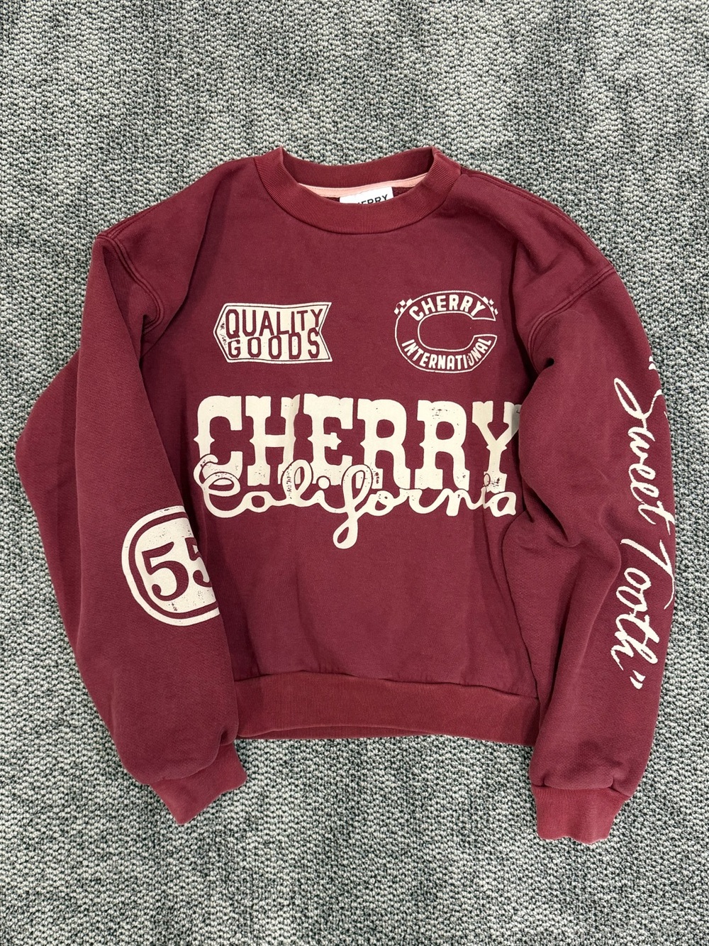 Cherry LA Burgundy Crewneck Sweatshirt with Cream Graphics Mens M